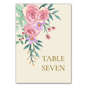 Elegante Boho Rosa Wasserfarben-Blumenhochzeit Tischnummer