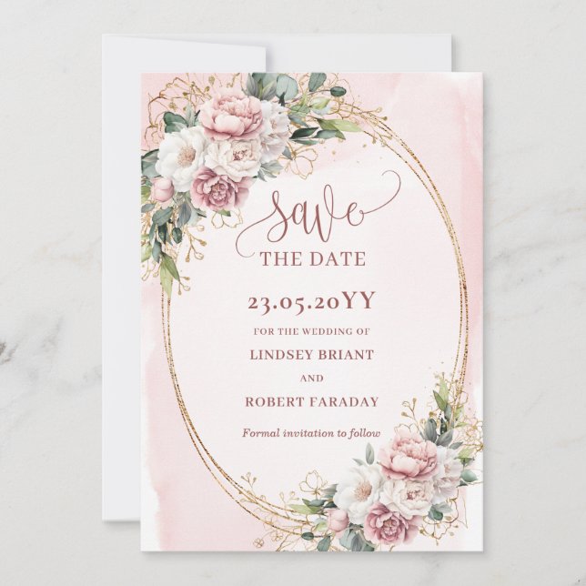Elegante Boho Roségold Blumen Save The Date (Vorderseite)