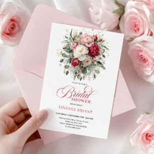 Elegante Boho-Rot-Blush-Gold-Blumen-Brautparty Einladung