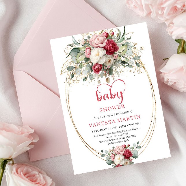 Elegante Boho Ruby-Blush-Gold-Blumen-Baby-Party  Einladung (Elegant Boho Ruby Blush Gold Floral Baby Shower Invitation)