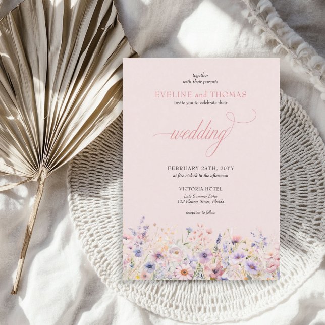 Elegante boho Sommer lila und rosa Wildblumen Einladung (Elegant boho summer purple and pink wildflowers invitation)