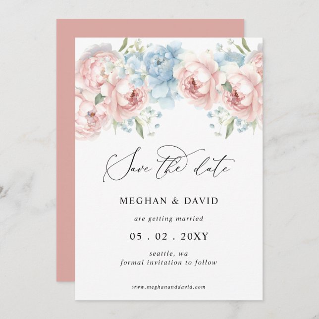 Elegante Boho Summer Blush Blumenhochzeit Save The Date (Vorne/Hinten)