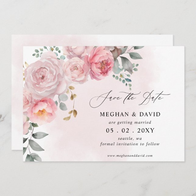 Elegante Boho Summer Blush Blumenhochzeit Save The Date (Vorne/Hinten)