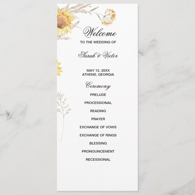Elegante Boho Sunflowers Doppelseitige Programmkar Programm (Vorderseite)