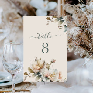 Elegante Boho Vintage Blumenhochzeit Tischnummer