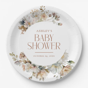 Elegante Boho Vintage Florale Botanische Babyparty Pappteller
