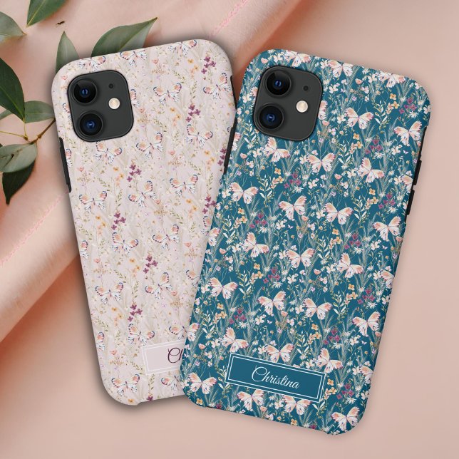 Elegante Boho Wasserfarbe Blume Butterfly Monogram Case-Mate iPhone Hülle (Von Creator hochgeladen)