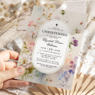 Elegante Boho Wasserfarbe Wildblumen Christening Einladung