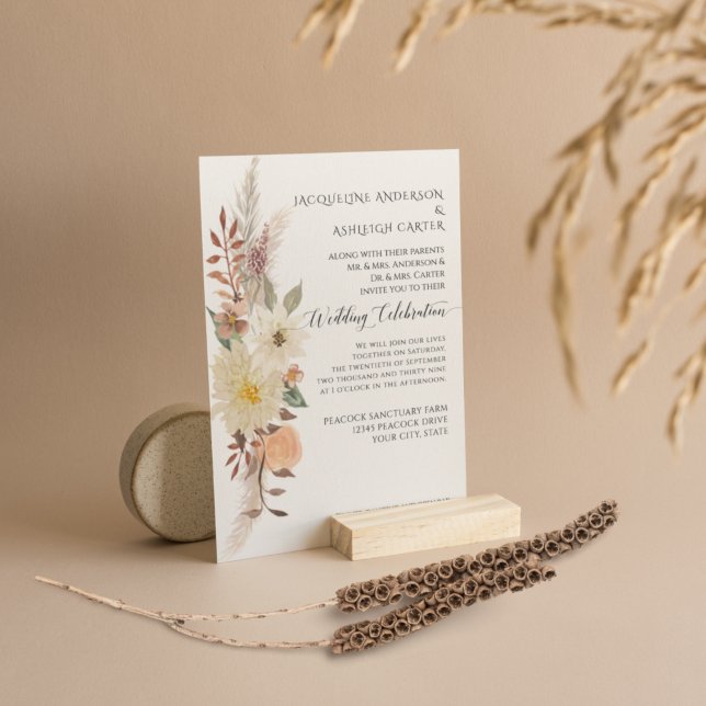 Elegante BOHO Wasserfarbenfall Floral Pampas Grass Einladung (Von Creator hochgeladen)