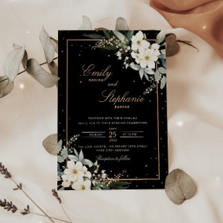 Elegante Boho Watercolor Schwarze Hochzeit Folieneinladung