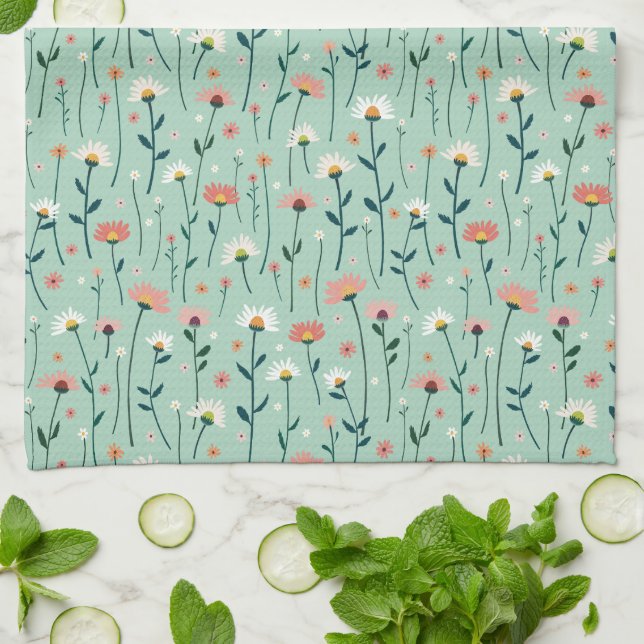 Elegante Boho Wildblume Gartenanlage Aquamarin Geschirrtuch (Gefaltet)