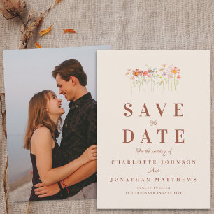 Elegante Boho Wildblumen Beige Foto Hochzeit Save The Date