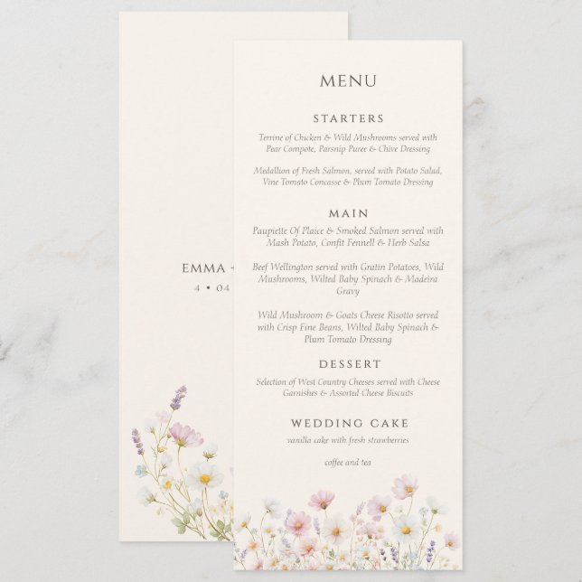 Elegante Boho-Wildblumen-Script-Hochzeit  Menükarte (Vorne/Hinten)