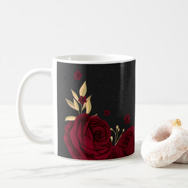Elegante bordeauxfarbene Blume schwarz Kaffeetasse (Mit Donut)