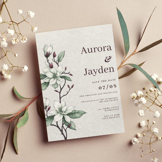 Elegante bordeauxfarbene Spitze Hochzeit mit weiße Einladung (Elegant burgundy white mint floral lace wedding)