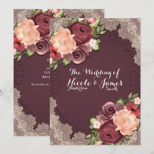 Elegante bordeauxfarbene Spitze & moderne florale Einladung