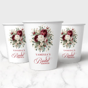 Elegante bordeauxrote Blumen Gold Hochzeitsdusche Pappbecher