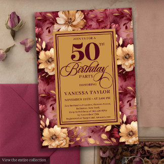 Elegante bordeauxrote goldene Rose 50. Geburtstag Einladung