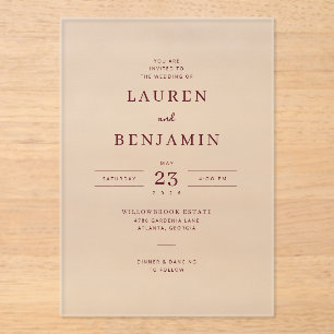 Elegante bordeauxrote minimalistische Hochzeitsein Acryleinladungen