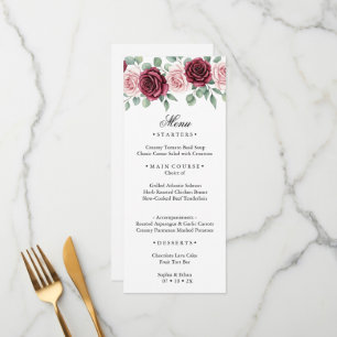 Elegante bordeauxrote Rosen-Aquarell-Botanik-Hochz Menükarte