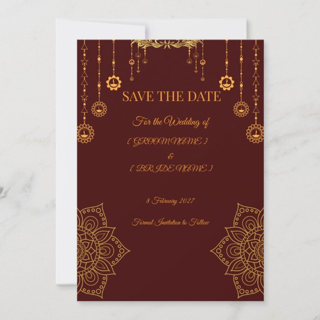 Elegante bordeauxrote und goldene Save-the-Date-Ka Save The Date (Vorderseite)