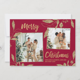 Elegante Bordo Gold Blätter 2 Foto Weihnachtskarte