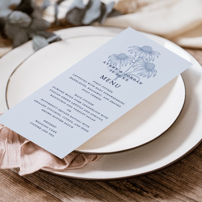 Elegante Botanical Dusty Blue Wedding Menu Card Einladung (Von Creator hochgeladen)