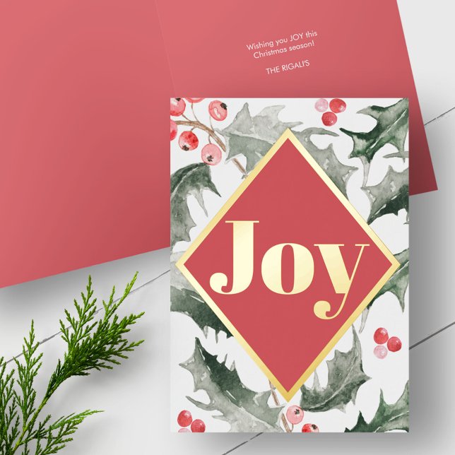 Elegante Botanicals (Christmas cards folded foil modern simple design with watercolor red berries and green holly)