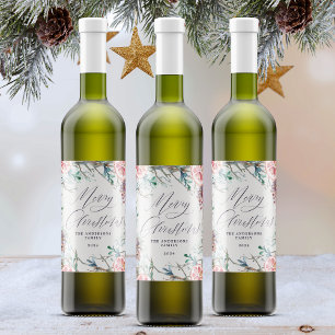 Elegante Botanicals Wasserfarbe Frohe Weihnachten Weinetikett