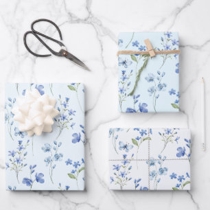 Elegante botanische Aquarell-Pastellblaue Blumenmo Geschenkpapier Set