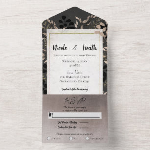 Elegante botanische Blätter Grau Rosa Gold Hochzei All In One Einladung