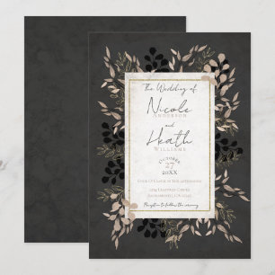 Elegante botanische Blätter Grau Roségold Hochzeit Einladung