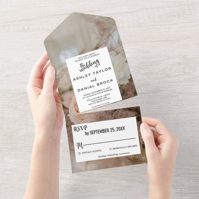 Elegante botanische Bouquet Rose Blumenzwiebelhoch All In One Einladung (Abreißen)