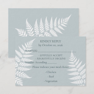 Elegante botanische eisblaue weiße Farn-Hochzeit RSVP Karte