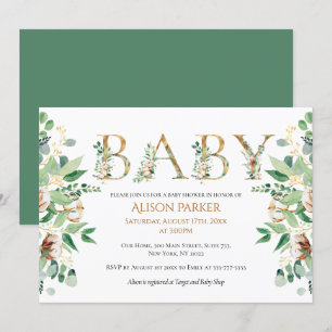 Elegante botanische Eukalyptus Gold Baby Dusche Einladung