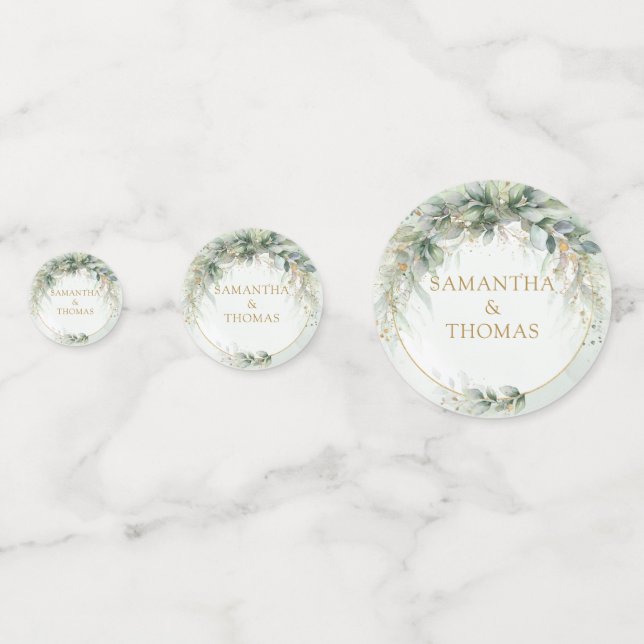 Elegante botanische Eukalyptus-Goldhochzeit Konfetti (Vorderseiten)