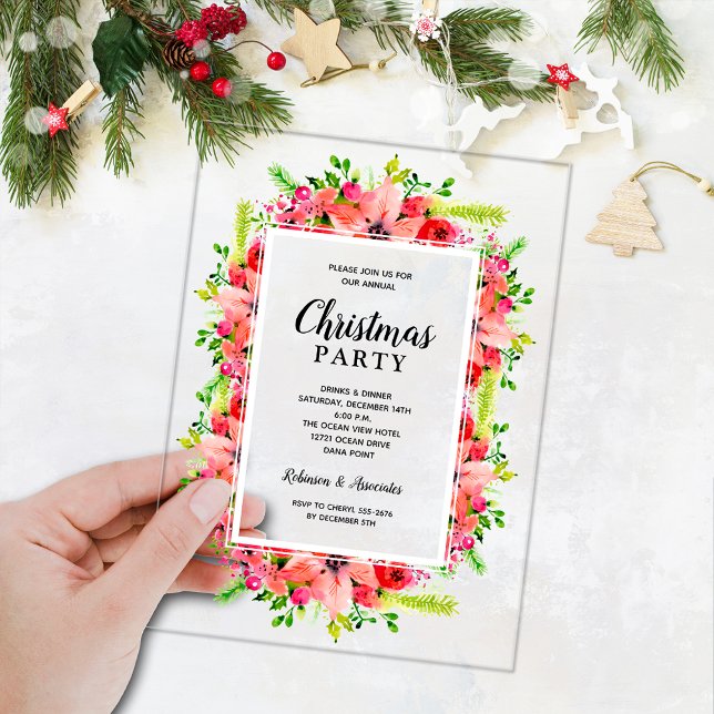Elegante botanische Floral-Weihnachtsfeier Acryleinladungen (Elegant florals on ACRYLIC  Christmas party invitations)