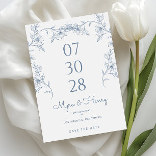 Elegante botanische florale staubblaue Hochzeit Save The Date