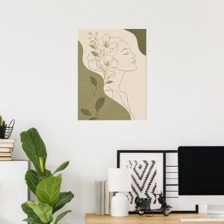 Elegante botanische Frauen-Gesichtslinienkunst und Poster