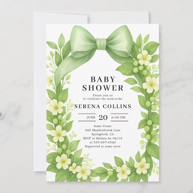 Elegante Botanische Green Bow Baby Dusche Einladung (Vorderseite)