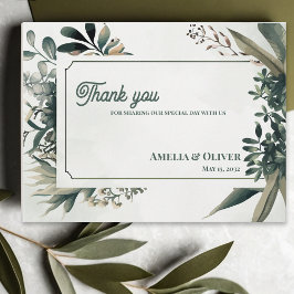 Elegante botanische Gruene Hochzeit Danke Postkarte
