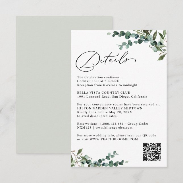 Elegante botanische Grün-QR-Code-Hochzeitsdetails Begleitkarte (Vorne/Hinten)