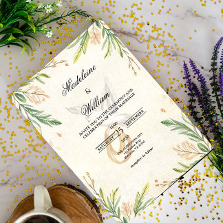 Elegante Botanische Grünpflanzen Dove & Rings Wedd Einladung
