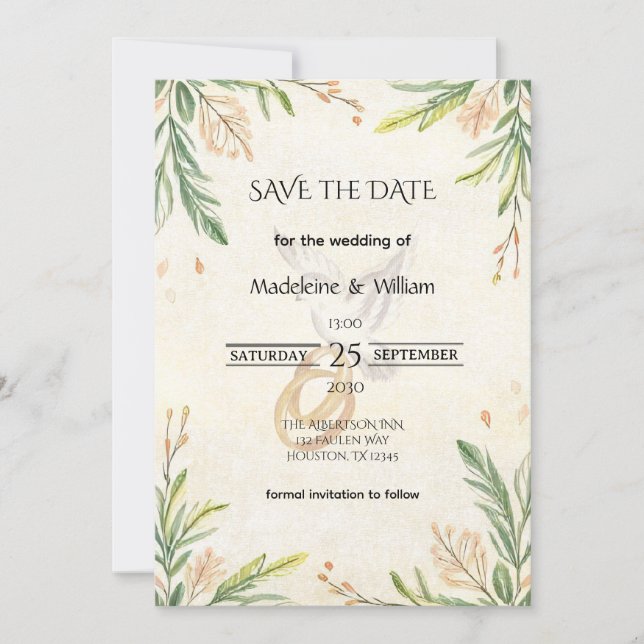 Elegante Botanische Grünpflanzen Dove & Rings Wedd Save The Date (Vorderseite)