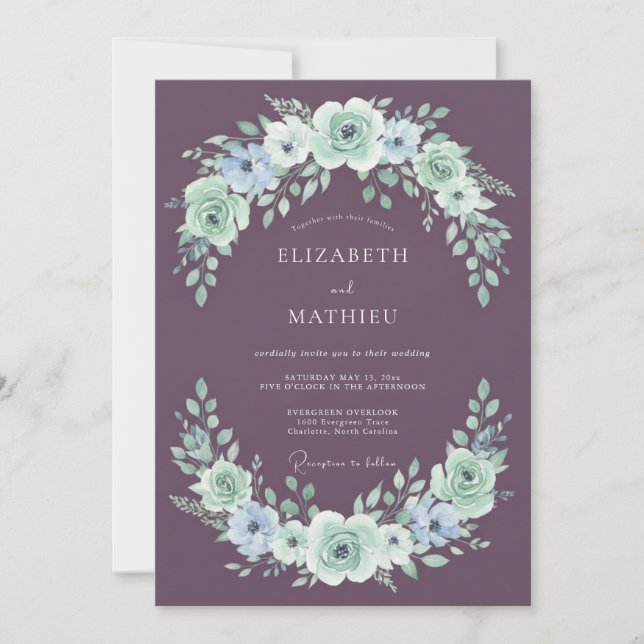 Elegante botanische Hochzeit in Mauve Einladung (Vorderseite)