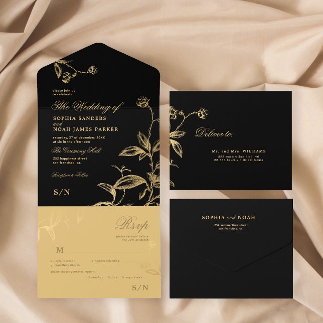 Elegante botanische Hochzeit in Schwarz und Gold All In One Einladung (Von Creator hochgeladen)