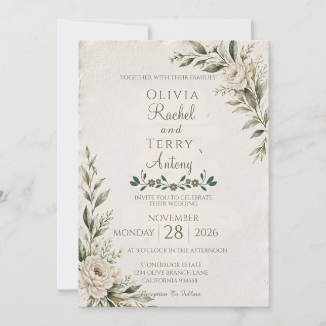 Elegante botanische Hochzeit mit Deckle Edge Einladung (Vorderseite)