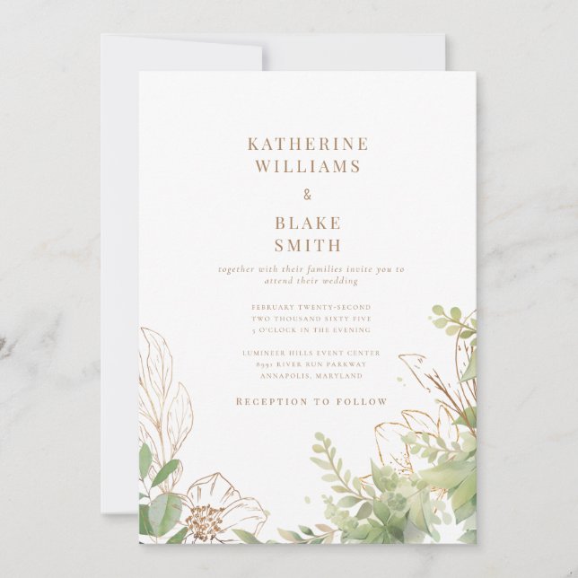 Elegante botanische Hochzeit mit Goldtext Einladung (Vorderseite)