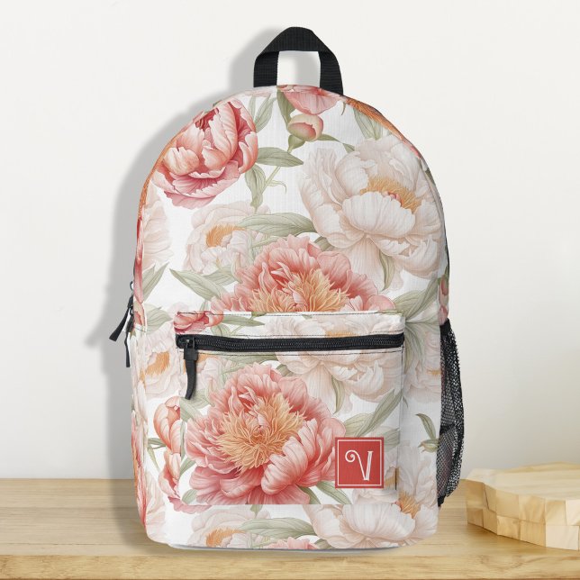 Elegante Botanische Kamelien Bedruckter Rucksack (Elegant and chic botanical camellia pink pastel name custom backpacks for teen girl, back to school)