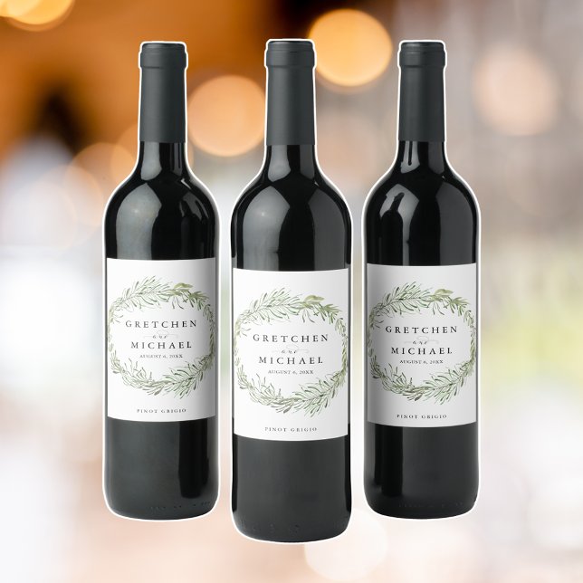 Elegante botanische Kranz-Gastgeschenk Hochzeit Weinetikett (Elegant Botanical Wreath Wedding Favor Wine Label)